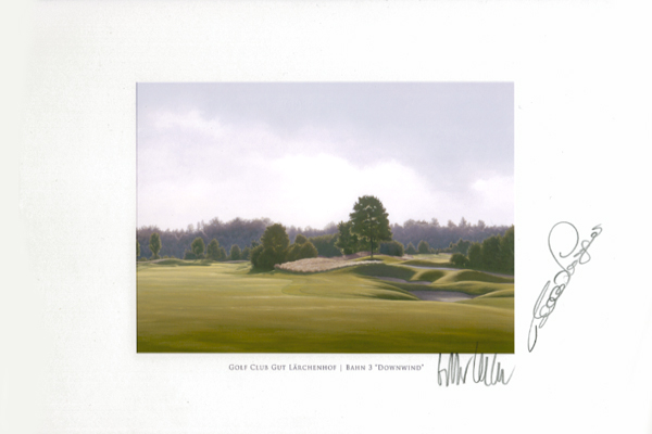 Original autograph on FineArt print. Bernhard Langer | Golf Club Gut Lärchenhof | 3th Down Wind